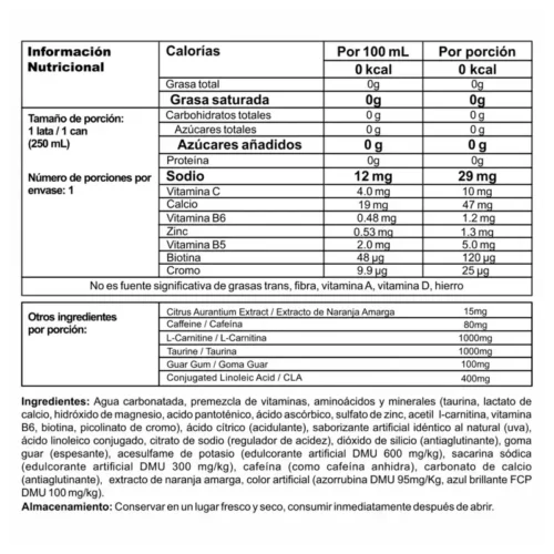 Tabla nutricional de Burner Stack Energy Drink con información de vitaminas, minerales y contenido energético