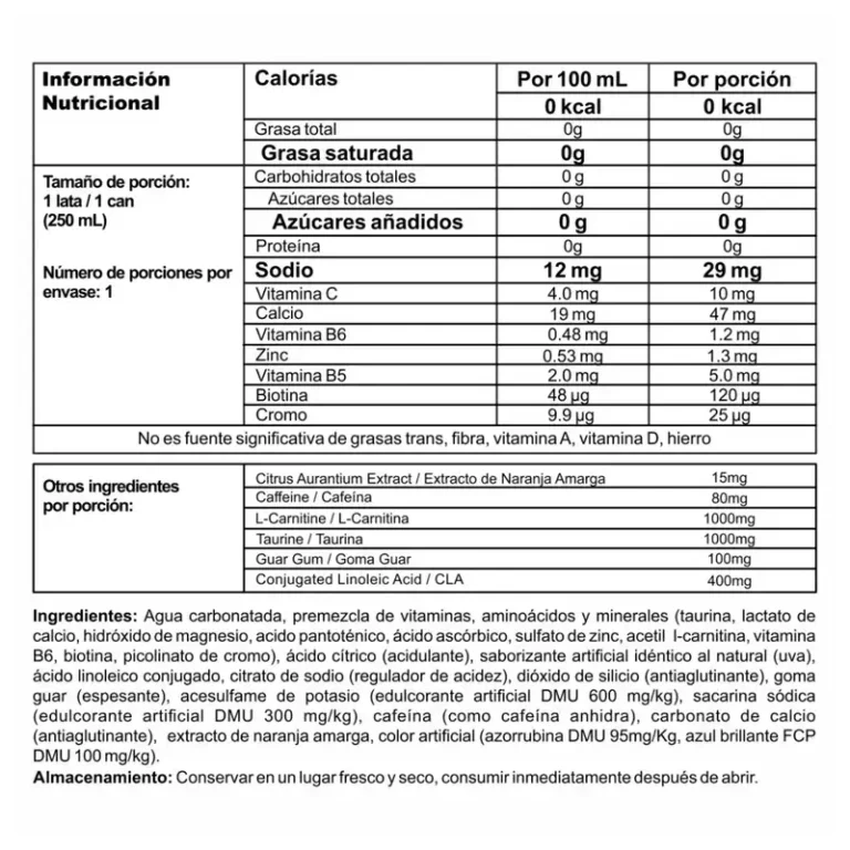 Tabla nutricional de Burner Stack Energy Drink con información de vitaminas, minerales y contenido energético