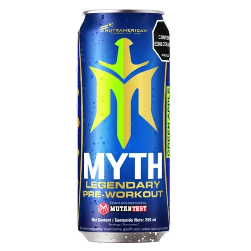 Lata de Myth Legendary Pre-Workout de Nutramerican, bebida energizante de 250 ml.