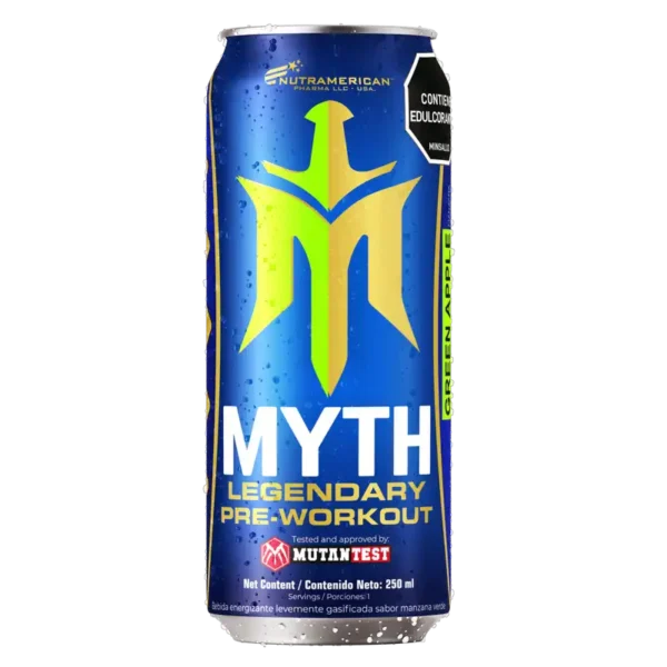 Lata de Myth Legendary Pre-Workout de Nutramerican, bebida energizante de 250 ml.