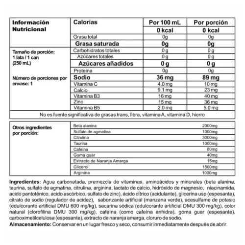 Tabla nutricional de Myth Pre-Workout con 0 kcal, 80mg de cafeína y 2000mg de beta-alanina por porción