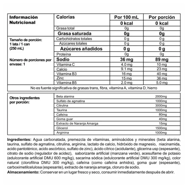 Tabla nutricional de Myth Pre-Workout con 0 kcal, 80mg de cafeína y 2000mg de beta-alanina por porción