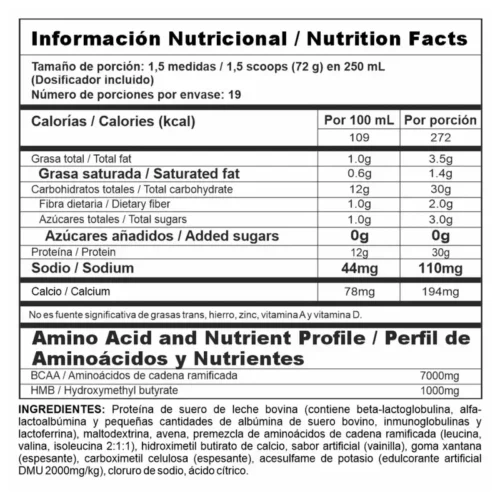 Tabla nutricional de BiPro Mass con 40g de proteína, 1000mg de HMB y 7000mg de BCAA por porción.