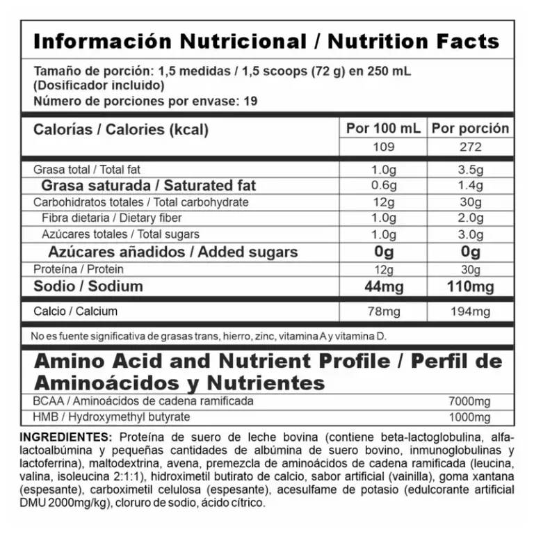 Tabla nutricional de BiPro Mass con 40g de proteína, 1000mg de HMB y 7000mg de BCAA por porción.