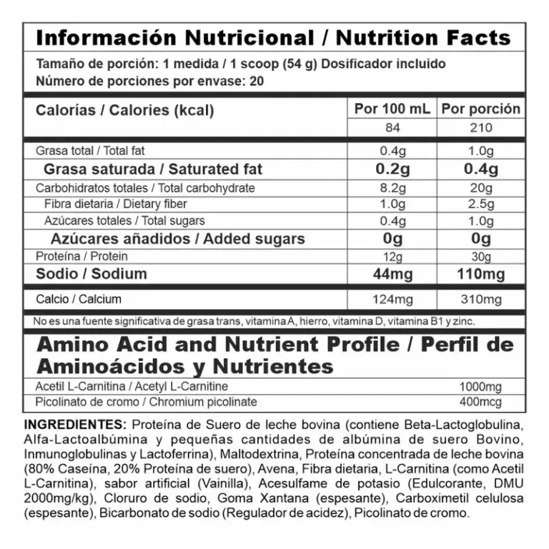 Información nutricional BiPro Ripped 2.4LB - Proteína Aislada Nutramerican