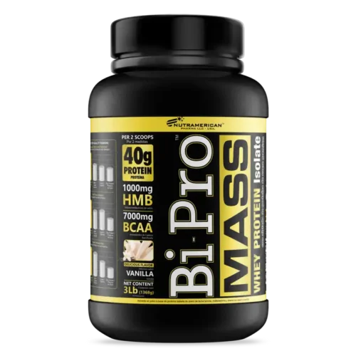 Envase de BiPro Mass 3LB de Nutramerican, suplemento para el aumento de masa muscular.