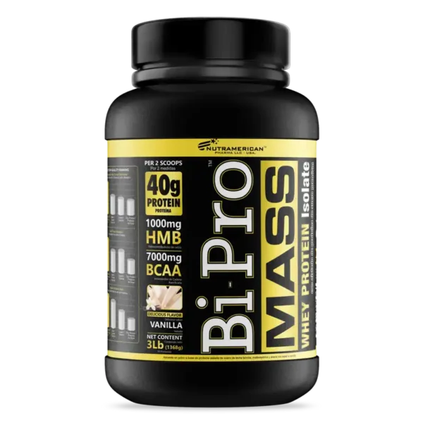 Envase de BiPro Mass 3LB de Nutramerican, suplemento para el aumento de masa muscular.