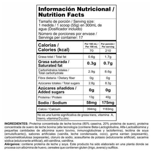 Tabla nutricional de BiPro Complex con 40g de proteína por porción y 0g de azúcares añadidos.