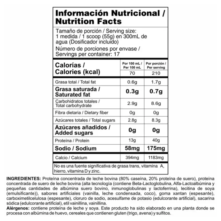 Tabla nutricional de BiPro Complex con 40g de proteína por porción y 0g de azúcares añadidos.