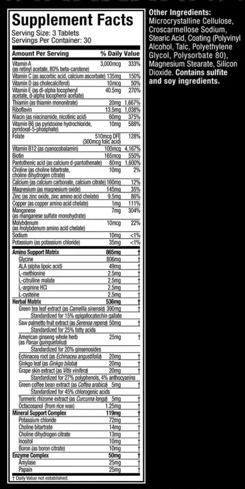 Tabla nutricional de Platinum Multivitamin - Muscletech