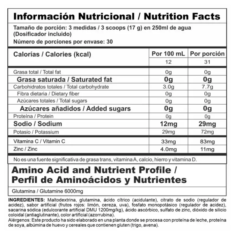 Tabla nutricional de Gluta Stack 510g - Glutamina con vitaminas y minerales