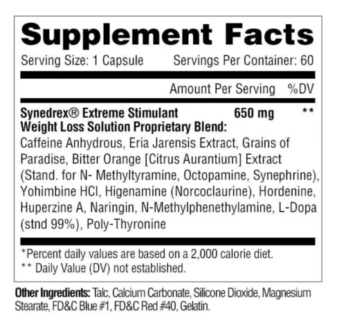 Synedrex 60 cápsulas Metabolic Nutrition, quemador de grasa termogénico TABLA