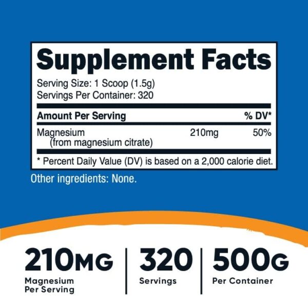 Magnesium Citrate 210mg 320 porciones Nutricost, suplemento de citrato de magnesio tabla