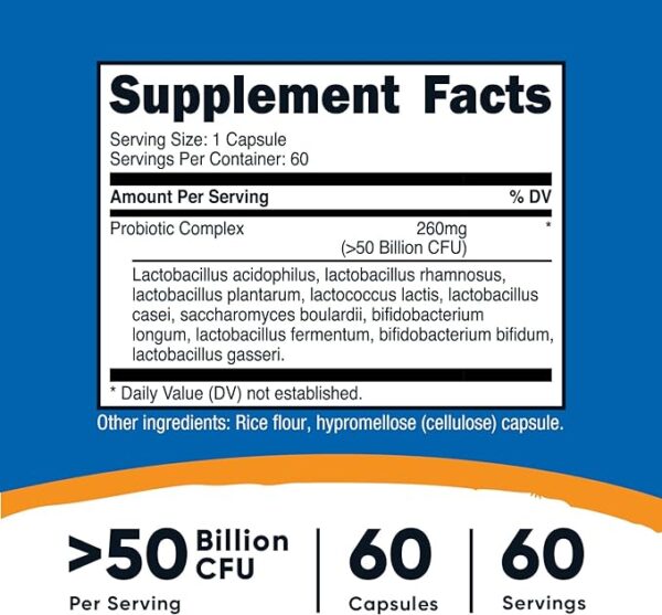 Probiotic Complex 50 Billion CFU 60 cápsulas Nutricost, suplemento probiótico tabla