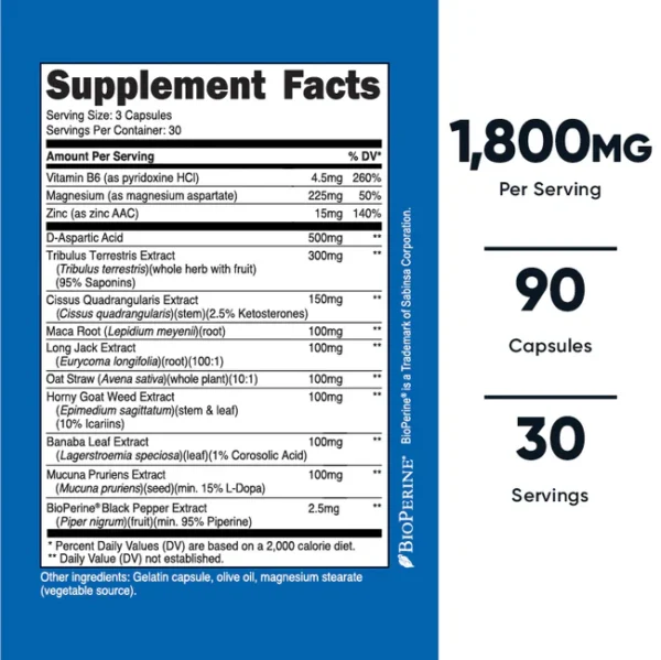 Información nutricional de Testosterone Complex Nutricost 1800 mg - 90 Cápsulas