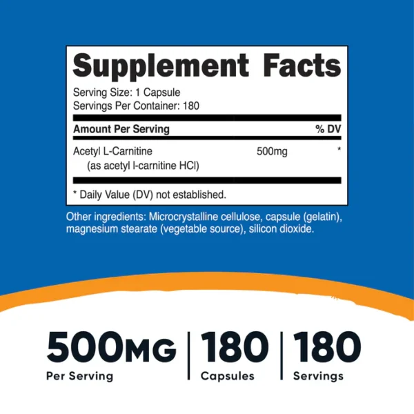 Acetyl L-Carnitina 500MG - Suplemento Energético | Nutricost 180 Cápsulas - Imagen 2