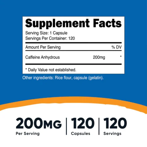 Caffeine Nutricost 200mg con 120 cápsulas tabla