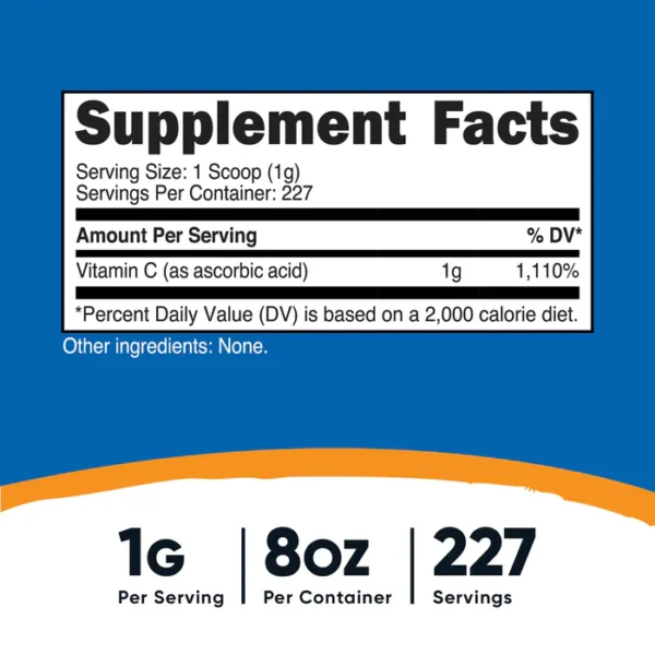 Vitamin C 1g Nutricost, 227 Servings, 8oz, Ascorbic Acid tabla