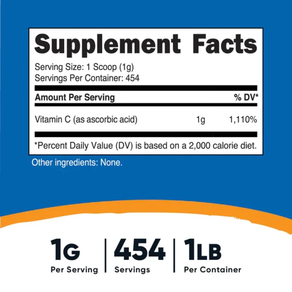 Vitamin C 1g Nutricost, 454 Servings, 1LB, Ascorbic Acid tabla