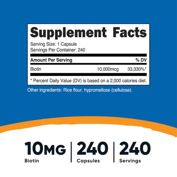 Biotina 10,000 mcg 240 Caps - Suplemento de Biotina | Nutricost - Imagen 2