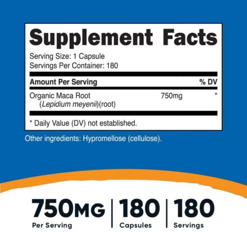 Maca Root 750mg 180 cápsulas Nutricost, suplemento de raíz de maca orgánica tabla