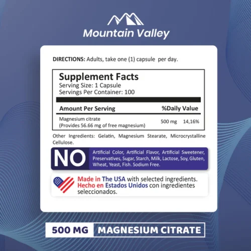 Magnesium Citrate 500 mg 100 cápsulas - Mountain Valley tabla