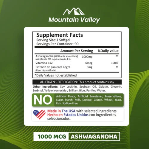 Ashwagandha 1000 mg 90 cápsulas - Mountain Valley con Vitamina B12 tabla