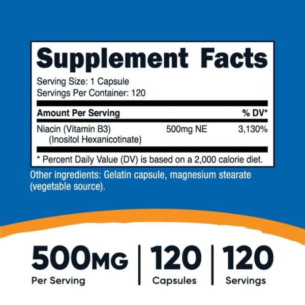 Niacin Flush-Free 500mg 120 cápsulas Nutricost, suplemento de vitamina B3 sin enrojecimiento tabla