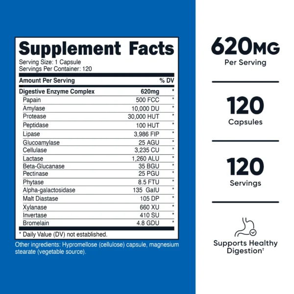 Digestive Enzymes 620mg 120 cápsulas Nutricost, suplemento para apoyar la digestión tabla