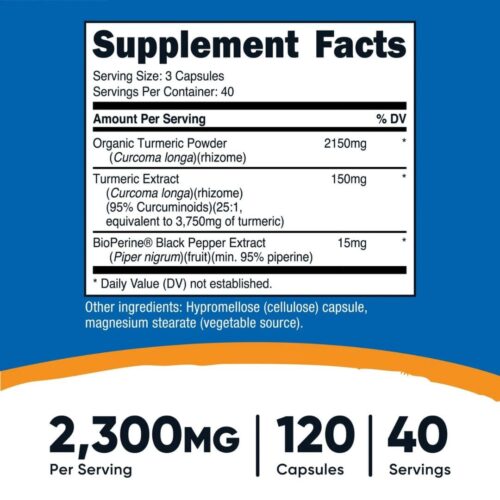 Turmeric 2300mg 120 cápsulas Nutricost, suplemento de cúrcuma con BioPerine® tabla