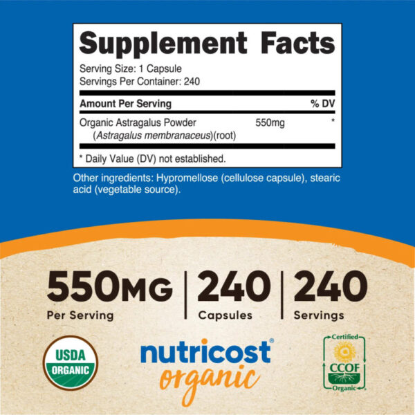 Tabla nutricional de Astragalus Root 550mg Nutricost 240 cápsulas