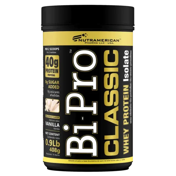 Envase de Bi-Pro Classic Whey Protein Isolate 0.9LB de Nutramerican