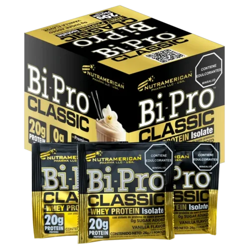 Caja de Bi-Pro Classic 20g proteína aislada en sobres de Nutramerican