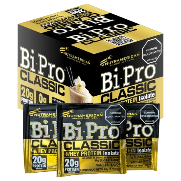 Caja de Bi-Pro Classic 20g proteína aislada en sobres de Nutramerican