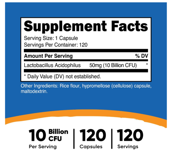 Lactobacillus Acidophilus 10 Billion CFU 120 Caps -  Probióticos | Nutricost - Imagen 2