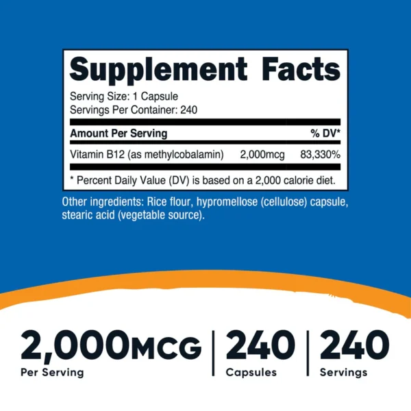 Vitamina B12 2000mcg - Methylcobalamin 240 Cápsulas | Nutricost - Imagen 2