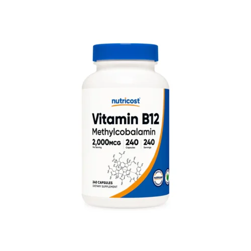 Frasco de Vitamina B12 Methylcobalamin 2000mcg de Nutricost, 240 cápsulas.