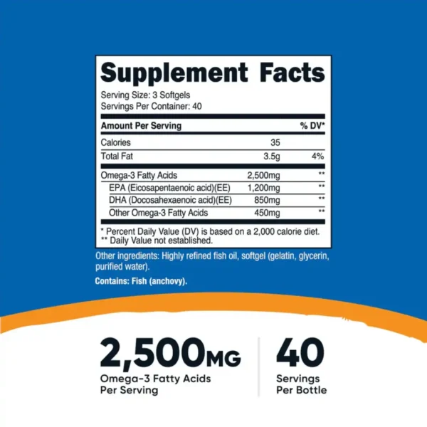 Omega-3 2500mg 120 softgels Nutricost, suplemento de ácidos grasos omega-3 EPA/DHA tabla