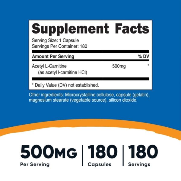 Acetyl L-Carnitina 500mg - 180 Cápsulas | Nutricost - Imagen 2