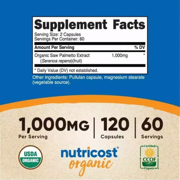 Saw Palmetto Orgánico 1000mg 120 cápsulas - Nutricost tabla nutricional