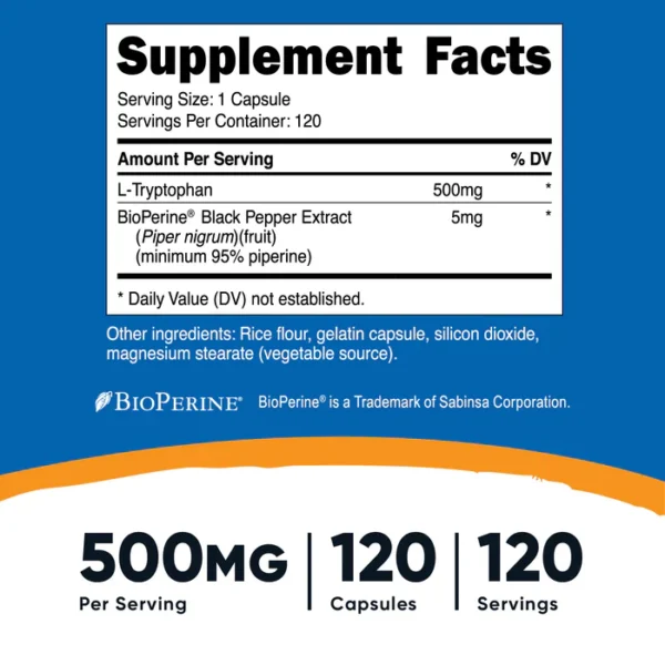 L-Triptófano 500mg - 120 Cápsulas | Nutricost - Imagen 2