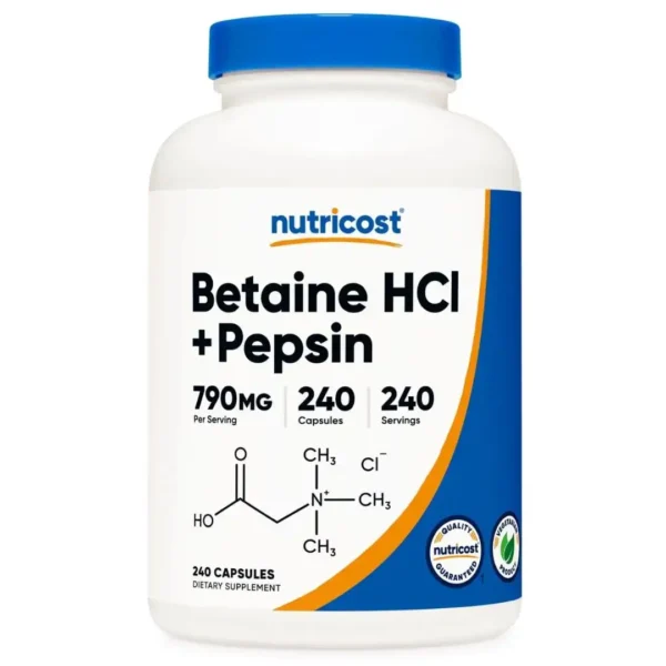 Envase de Betaine HCl + Pepsin 240 cápsulas - Nutricost