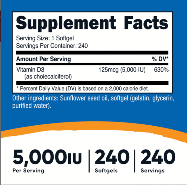 Vitamina D3 5000IU - 240 Softgels | Nutricost - Imagen 2