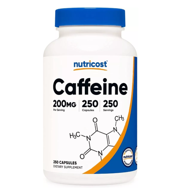 Caffeine 200mg de Nutricost con 250 cápsulas.