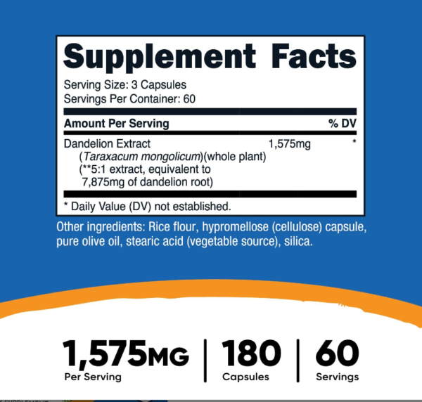 Dandelion Extract 1,575mg - 180 Cápsulas | Nutricost - Imagen 2