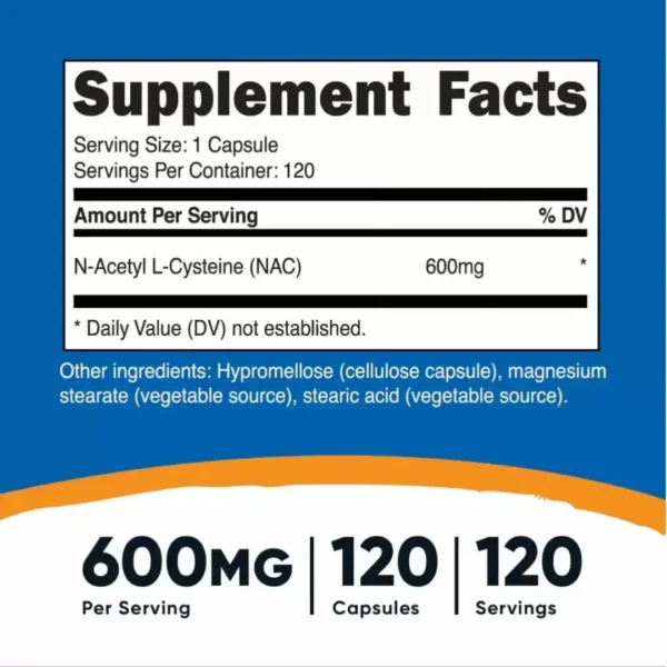 NAC N-Acetyl L-Cysteine 600mg 120 cápsulas - Nutricost tabla nutricional