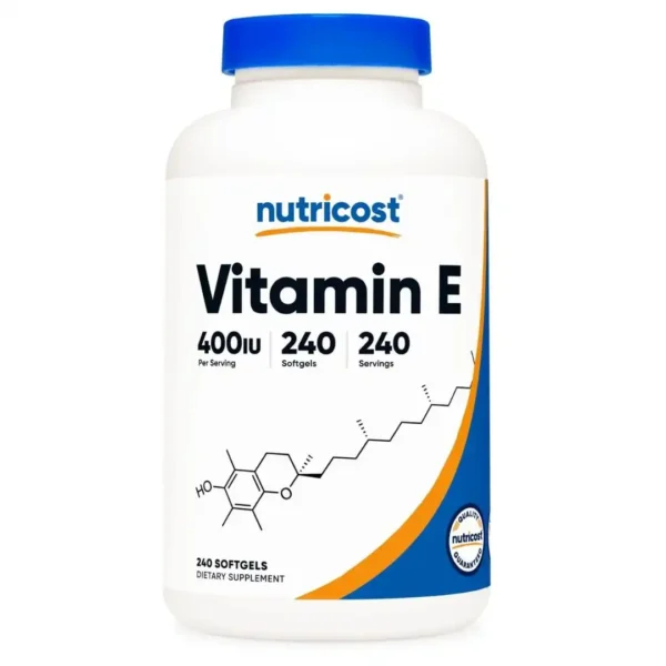 Vitamina E 400IU de Nutricost con 240 cápsulas blandas.