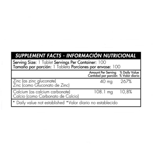 Información nutricional de Zinc Quelado 40 mg,