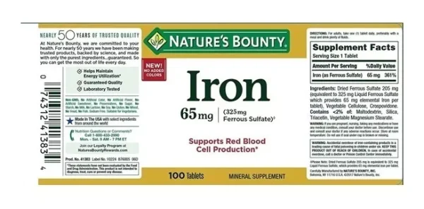 Iron 65 mg (Ferrous Sulfate) 100 Tabletas | Nature's Bounty - Imagen 2